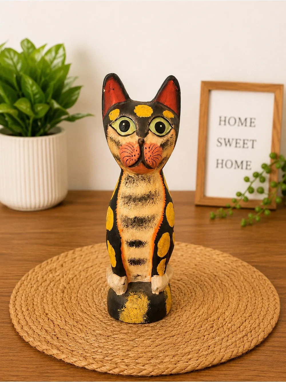 Vintage Hand Carved Folk Art Cat Figurine, Hand Painted Wooden Cat Statue